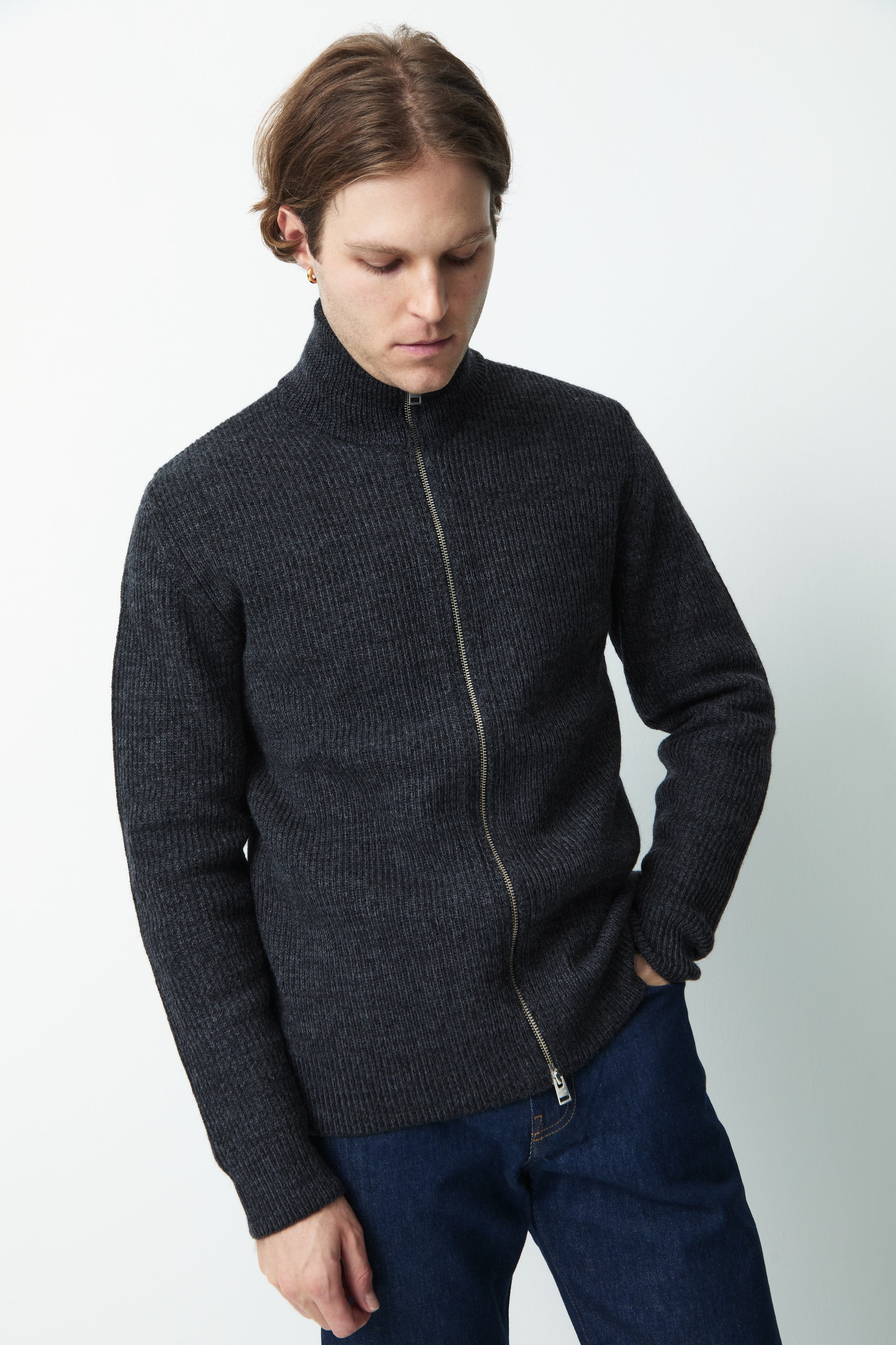 Hagen Wool Cotton Rib Full Zip Jacket